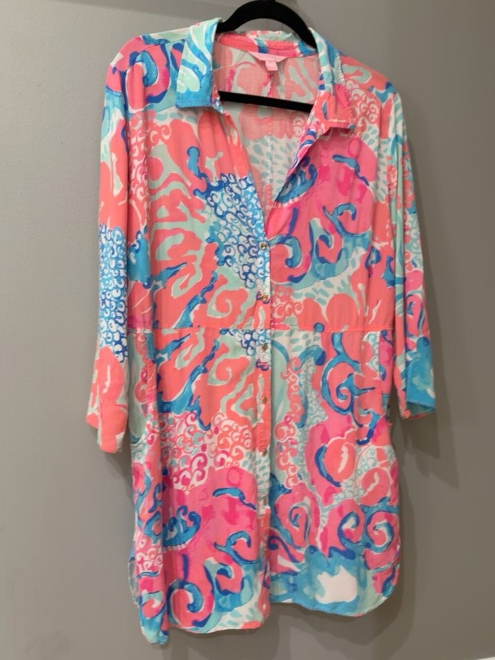 Lilly Pulitzer M Pink Blue Print Shirt Dress Gold Buttons